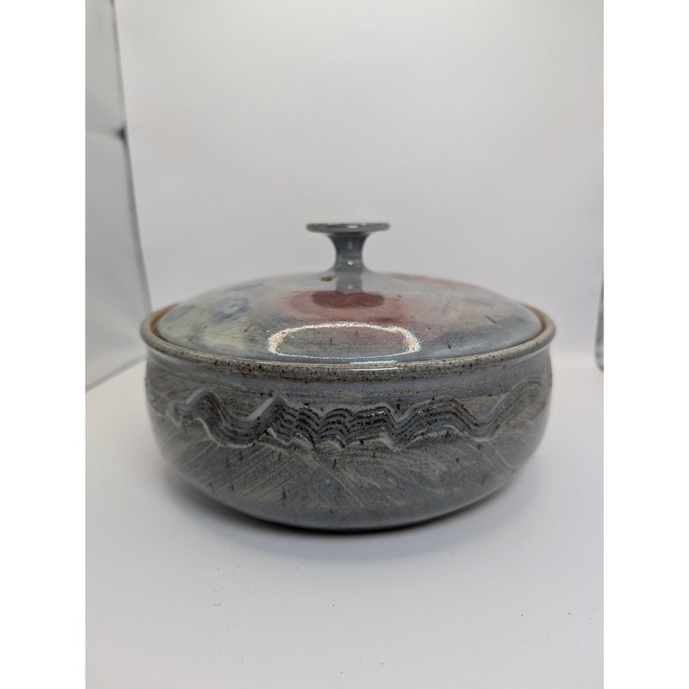 Vintage Studio Art Pottery Casserole Dish Signed Stoneware Shell Lid